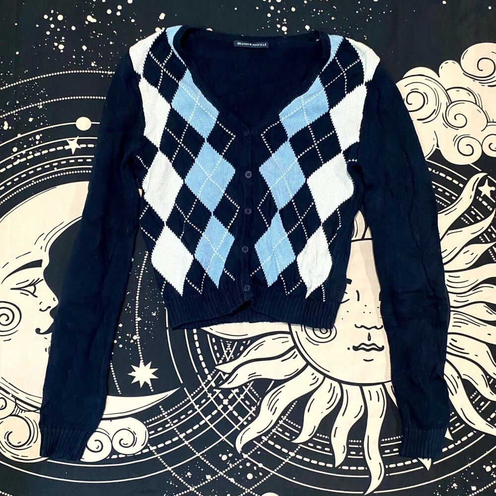 Brandy Melville Elizabeth Cardigan Sweater Women's Blue Argyle Preppy Academia